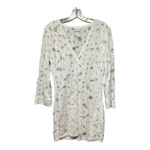 Dotti White Crochet Lace Swimsuit Cover-Up Long Sleeve V-Neck Tunic Top Medium